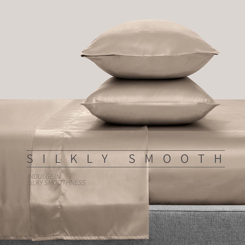 Cobedzy 4 Piece Luxury Queen Sheet Set, Taupe Satin Sheet Set, Soft Silky Bed Sheets Queen Set with 1 Deep Pocket Fitted Sheet 1 Flat Sheet 2 Satin Pillowcases - Image 3